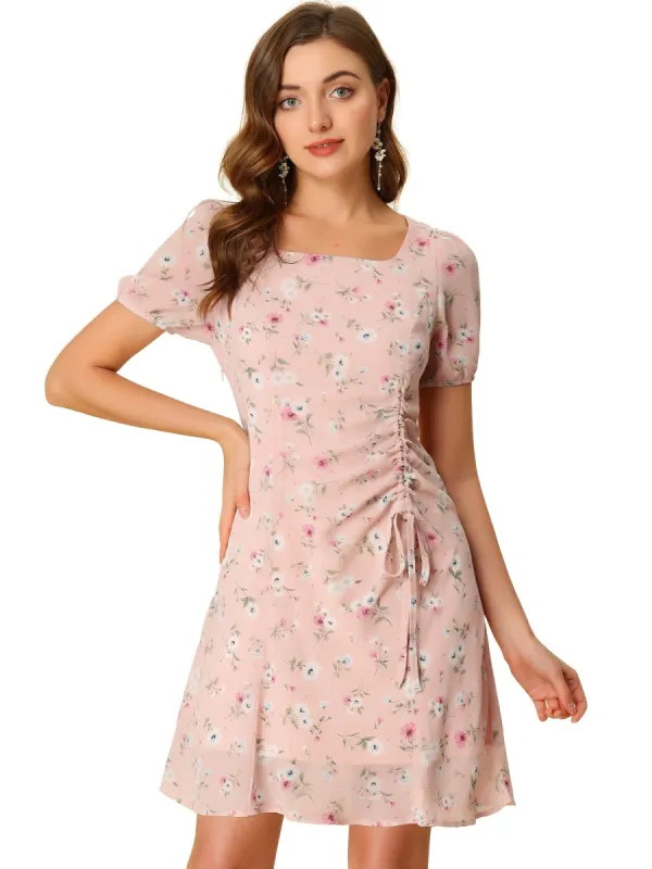 Women's Floral Square Neck Short Sleeve Drawstring Ruched Dress sold by Allegra K