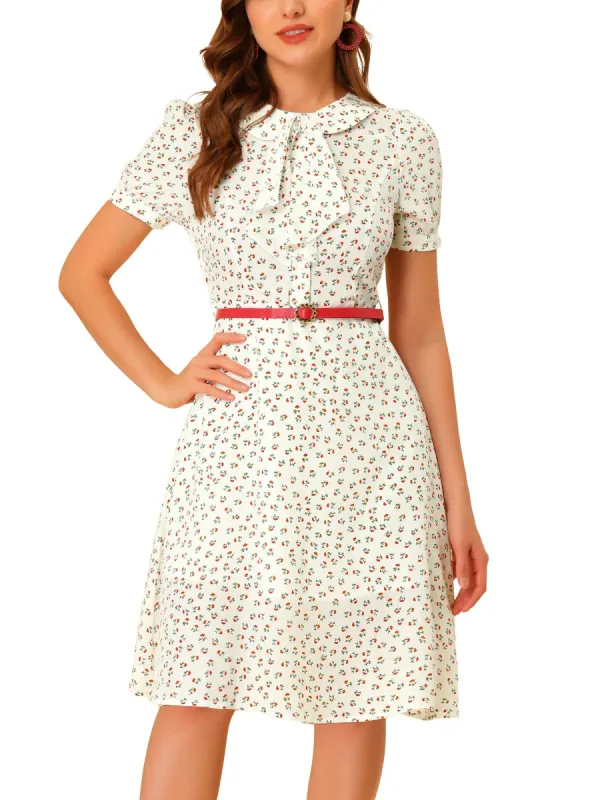 Women's Peter Pan Collar Tie Neck Short Sleeves A-Line Elegant Belted Floral Dress sold by Allegra K
