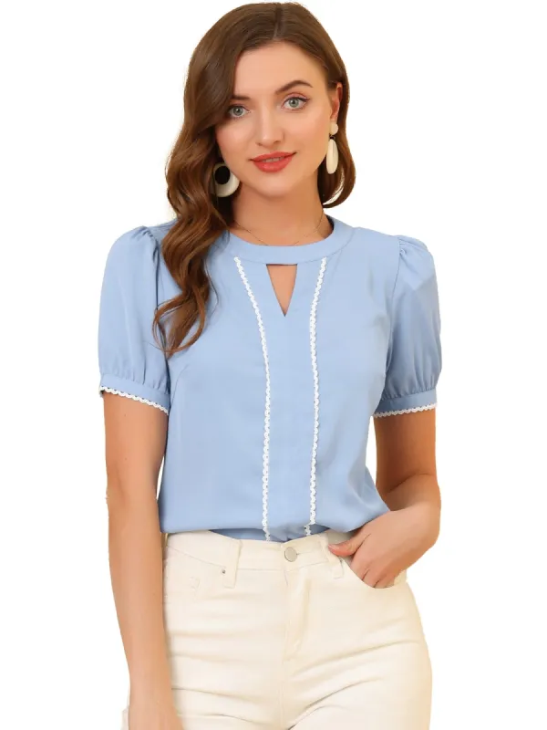 Women's Blouse Puff Sleeve Round Neck Cutout Lace Trim Short Sleeve sold by Allegra K