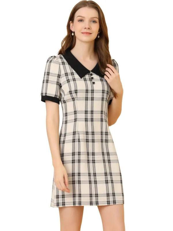 Women's Short Sleeve Plaid Mini Dress Contrast Peter Pan Collar Casual Work Dresses sold by Allegra K