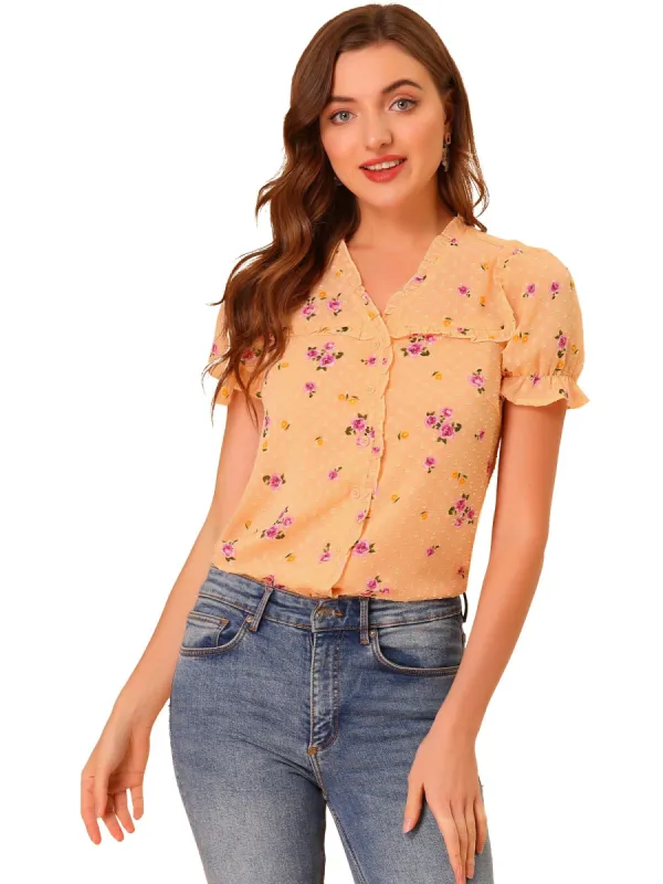 Women's Swiss Dots Blouse V Neck Casual Chiffon Floral Shirt sold by Allegra K