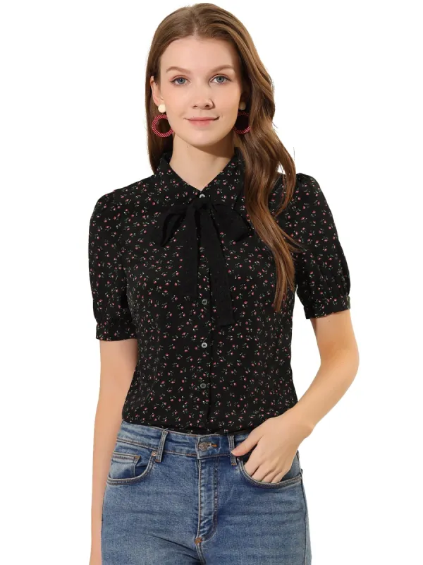Women's Floral Blouses Puff Sleeve Work Button Down Bow Tie Short Sleeve Tops sold by Allegra K