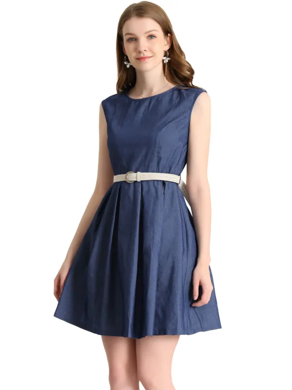 Women's Denim Dress Belted Round Neck Above Knee Cap Sleeve Elegant Work A-Line Dresses made by Allegra K