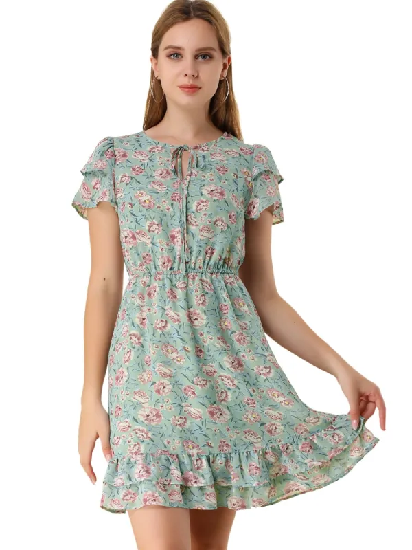 Women's Ruffled Sleeve Self-Tie V Neck Above Knee Chiffon A-Line Floral Ruffle Dress sold by Allegra K