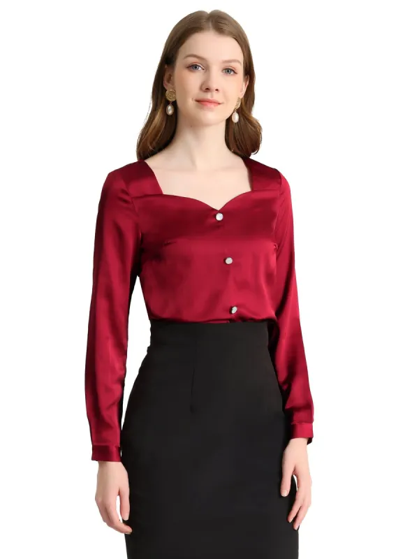 Women's Sweetheart Neck Satin Long Sleeve to Work Elegant Blouse sold by Allegra K