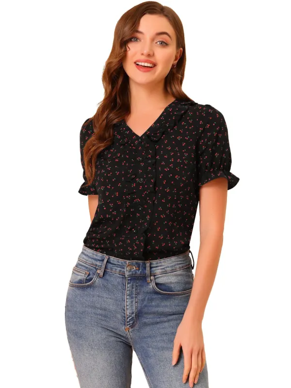 Allegra K Women's Cherry Print Ruffle V Neck Short Sleeve Summer Blouse sold by Allegra K
