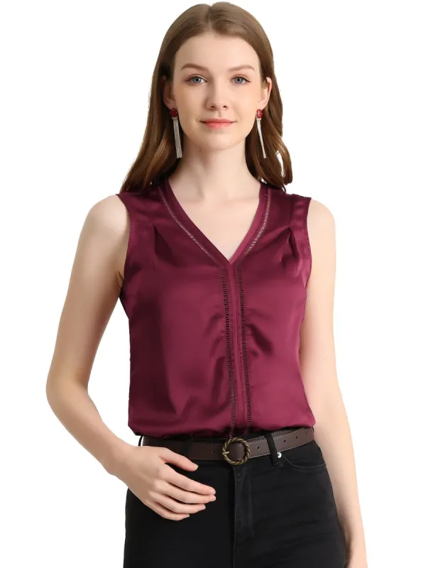 Women's Elegant Satin Blouse Work Office Top Hollow Out V Neck Sleeveless Shirt sold by Allegra K