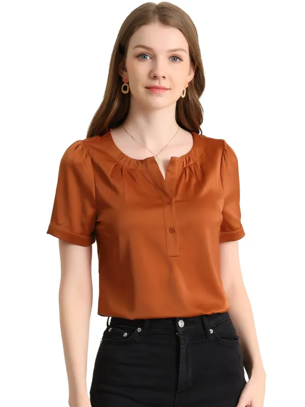 Women's Satin Blouse Pleated Round Neck Button Front Puff Sleeve Office Top sold by Allegra K