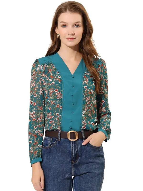 Women's Floral Blouse V Neck Puff Long Sleeve Button Decor Office Top sold by Allegra K