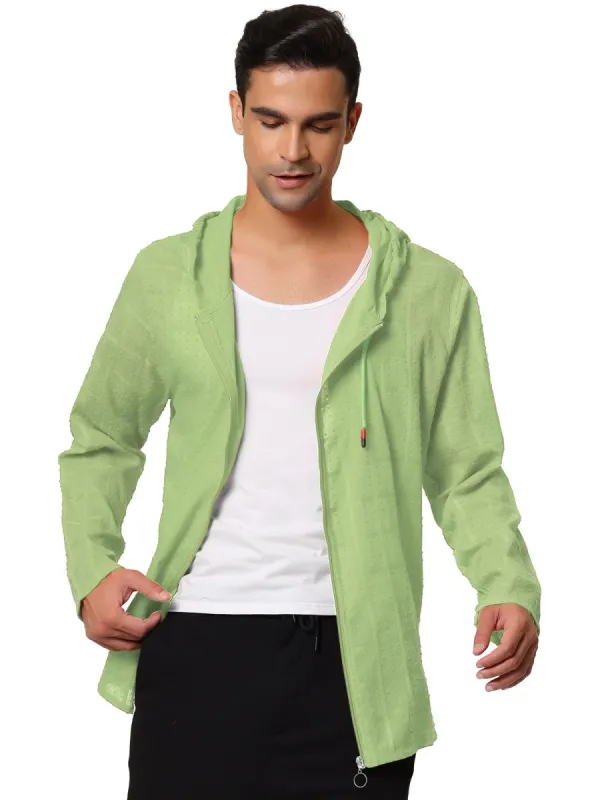 Men's Full Zip Linen Hoodies Shirts Long Sleeves Lightweight Solid Plaid Jacket sold by Allegra K