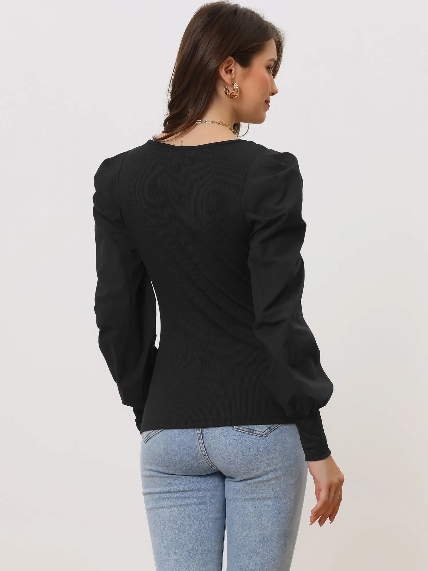Puff Long Sleeve Round Neck Casual Office Solid Shirt sold by Allegra K product image thumbnail 3