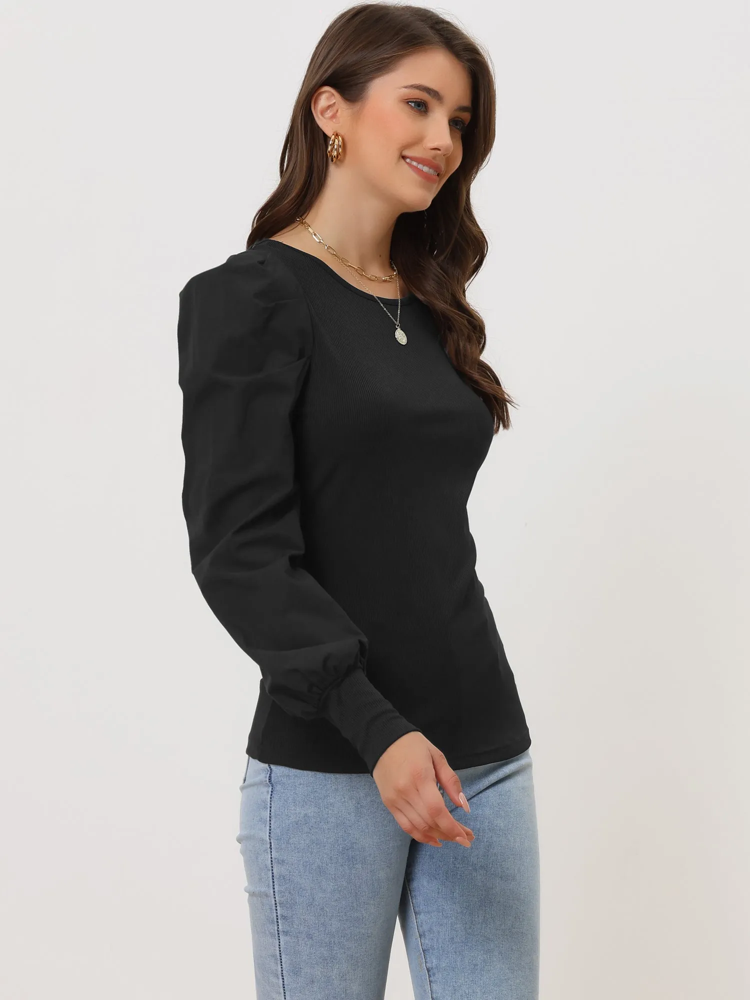 Puff Long Sleeve Round Neck Casual Office Solid Shirt sold by Allegra K product image thumbnail 2