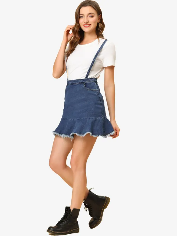 Suspender Overall Ruffle Hem Frayed Denim Mini Skirt sold by Allegra K
