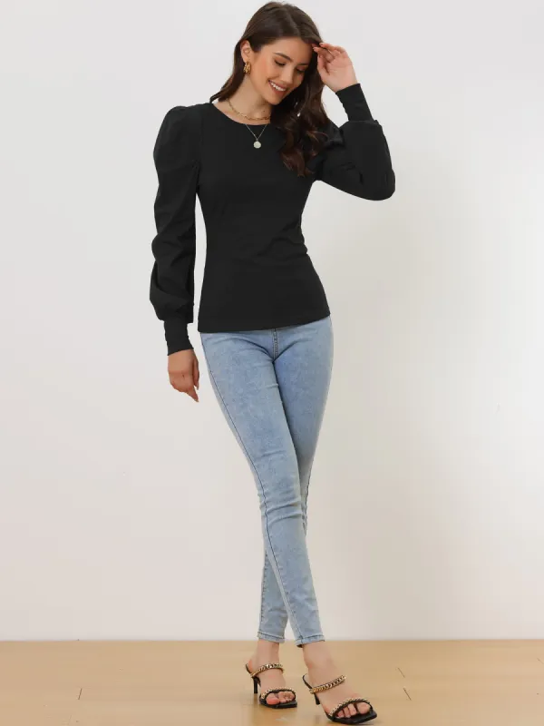 Puff Long Sleeve Round Neck Casual Office Solid Shirt sold by Allegra K