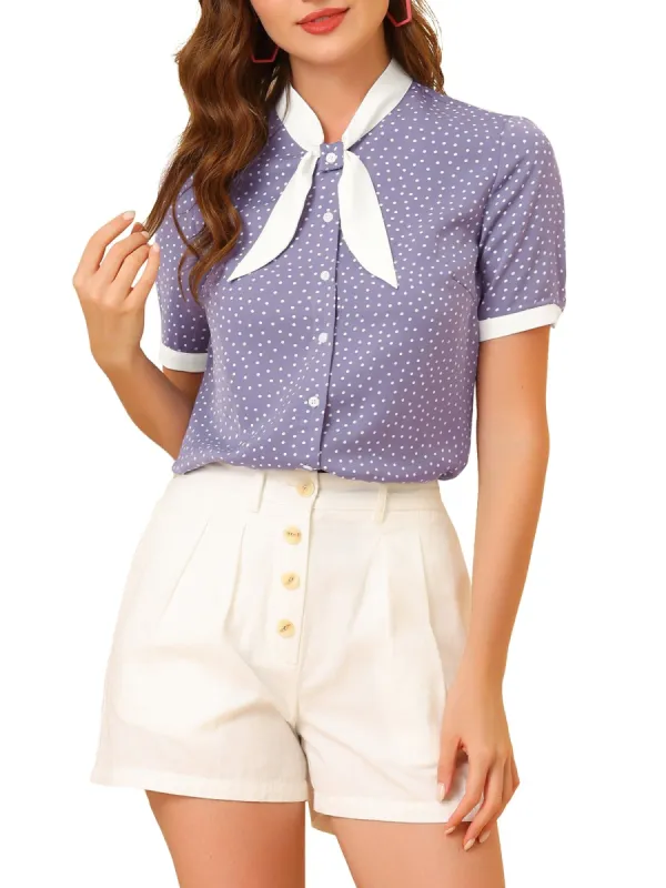 Women's Tie V Neck Button Up Polka Dots Top Blouse sold by Allegra K