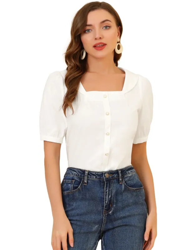 Women's Peter Pan Collar Square Neck Button Decor Short Sleeve Cotton Blouse Top sold by Allegra K