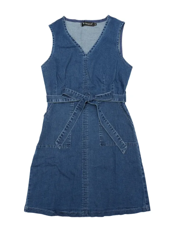 Women's Summer Casual Sleeveless Minidress V Neck Belted Denim Dress with Pockets made by Allegra K