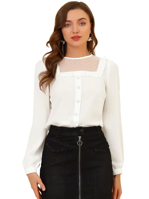Women's Lace Embroidered Mesh Sheer Panel Long Sleeve Chiffon Blouse Top sold by Allegra K