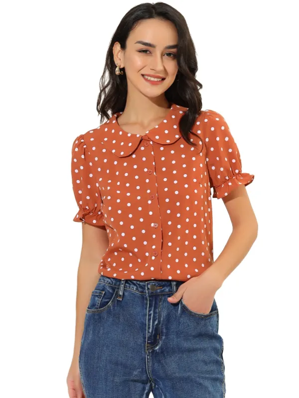 Women's Elegant Puff Sleeve Polka Dots Peter Pan Collar Vintage Shirt Top sold by Allegra K