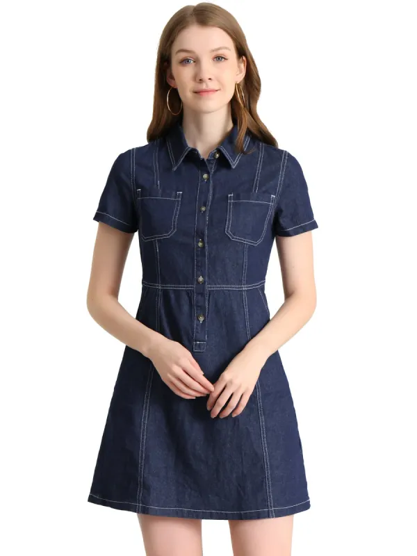 Women's Denim Collared Short Sleeve Summer A-line Dress sold by Allegra K