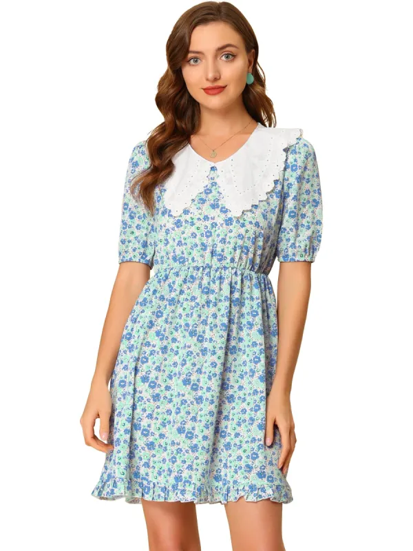 Women's Contrast Lace Flat Collar Short Sleeves Floral Dress sold by Allegra K