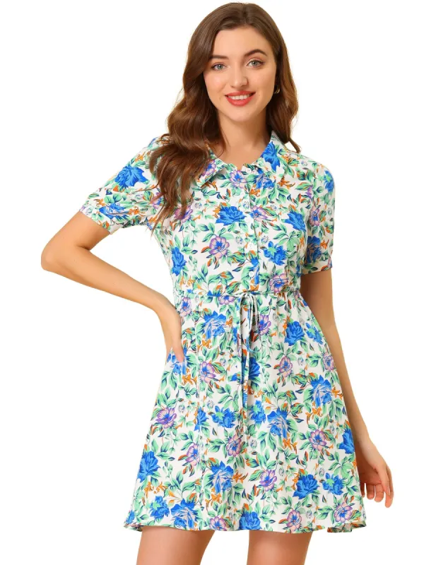 Women's Floral Dress Point Collar Button Up Tie Waist Summer Dresses sold by Allegra K