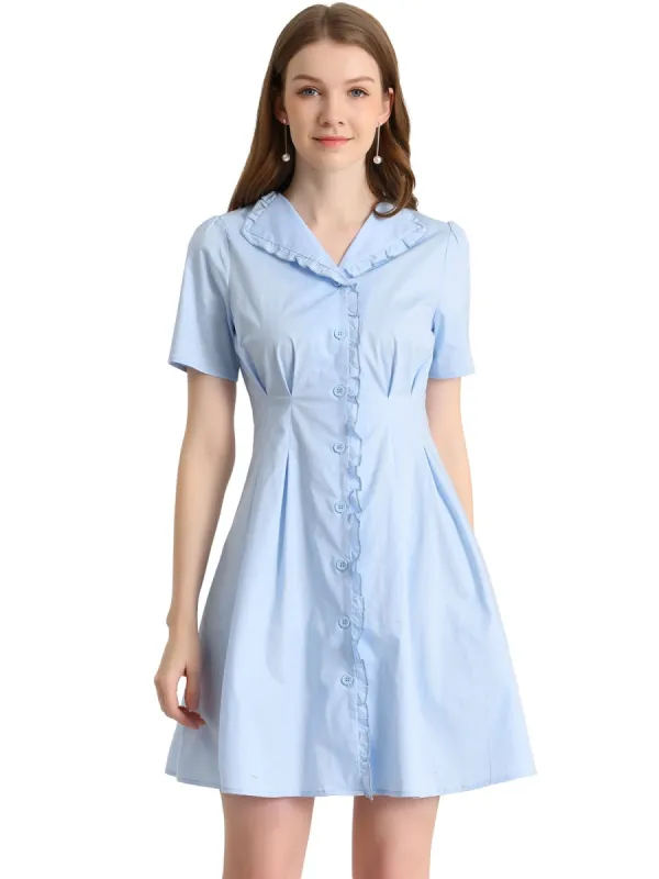 Women's Button Up Ruffle Front Ruched Waist A-Line Dress sold by Allegra K
