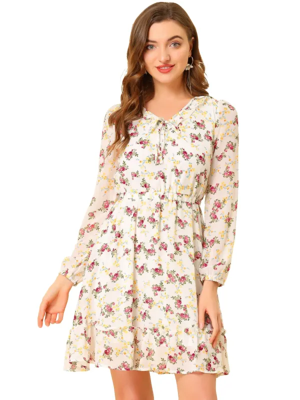 Women's Ruffled A-Line Long Sleeve Self Tie V Neck Casual Chiffon Boho Floral Dress sold by Allegra K
