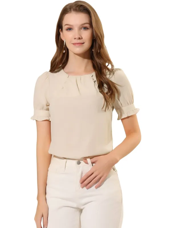Women's Round Neck Short Puff Sleeve Pleated Office Work Blouse Top sold by Allegra K