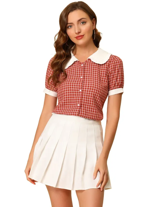 Women's Plaid Blouse Puff Short Sleeve Ruffle Contrast Peter Pan Collar Shirt Top sold by Allegra K