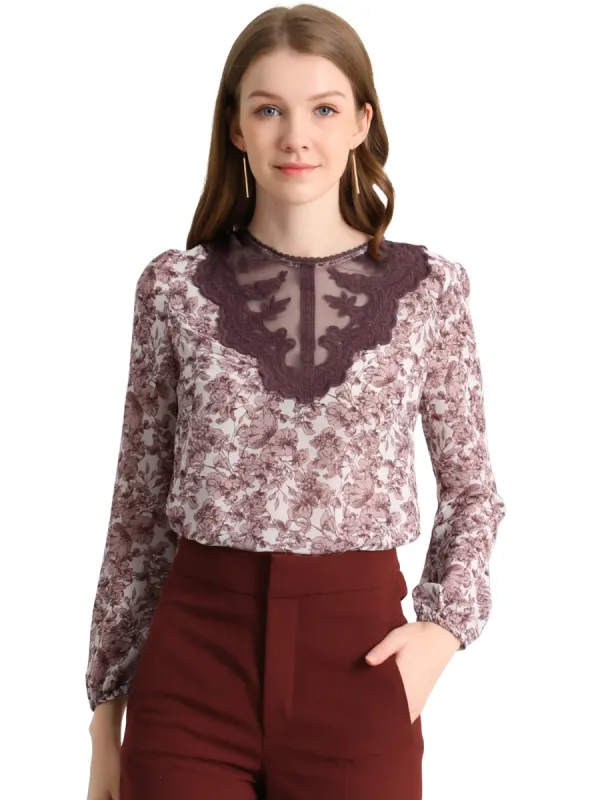Women's Elegant Lace Panel Long Sleeve Chiffon Floral Blouse Tops sold by Allegra K