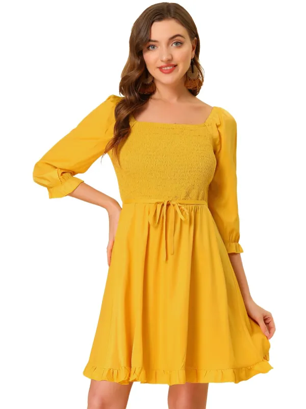 Women's Square Neck 3/4 Sleeve Solid Color Smocked Ruffle Hem Dress sold by Allegra K
