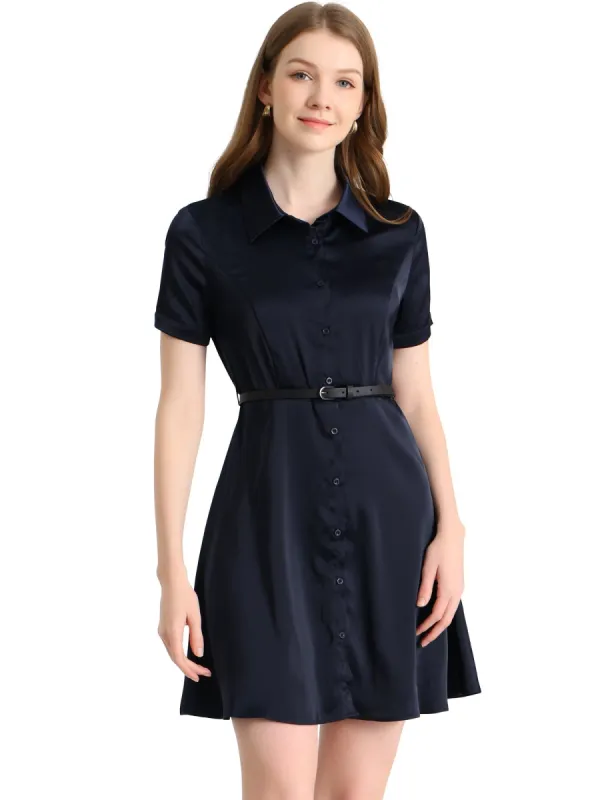 Women's Elegant Satin Dresses Short Sleeve Button Down Belted Shirt Dress sold by Allegra K