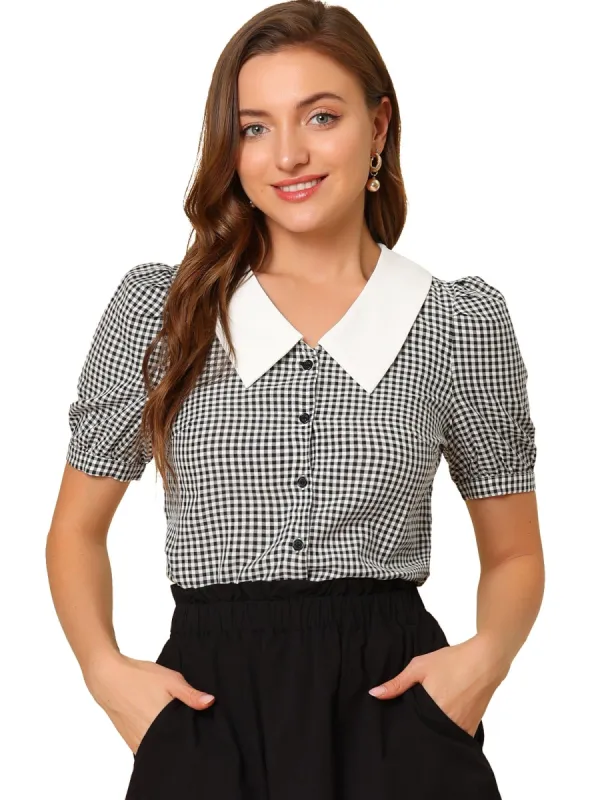 Women's Plaid Puff Sleeve Blouse Contrast Collar Button Down Shirt Tops sold by Allegra K