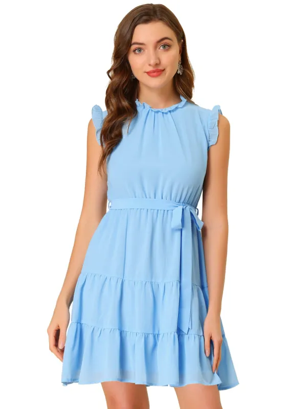 Women's Ruffle Neck Tie Belted Sleeveless A-line Tiered Dress made by Allegra K