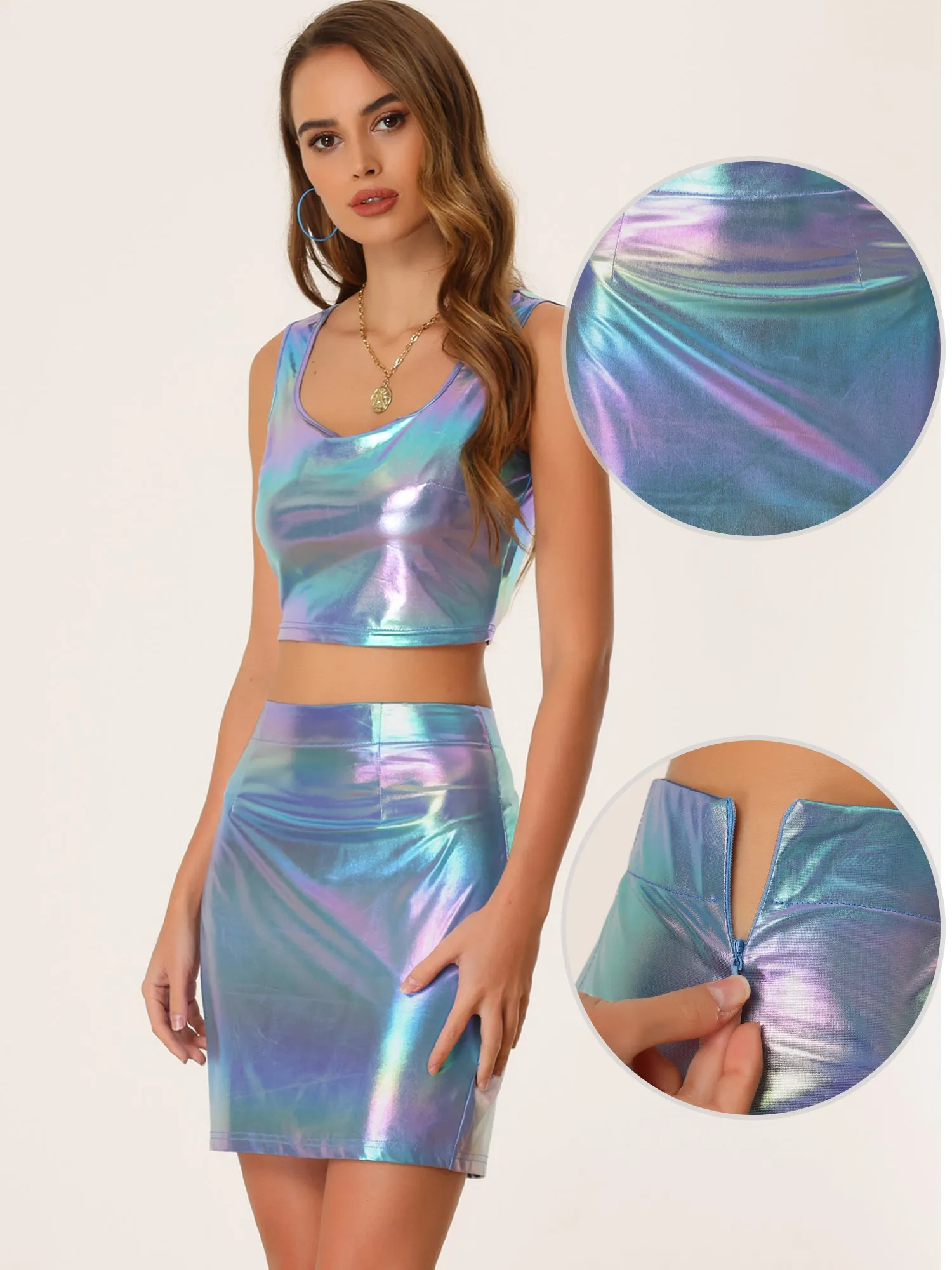 Mini Metallic Shiny Holographic Lightweight Bodycon Skirt sold by Allegra K product image thumbnail 2