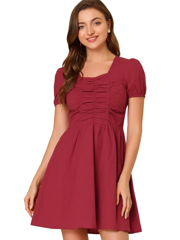 Women' S Square Neck Puff Short Sleeve Ruch Front A-Line Dress sold by Allegra K