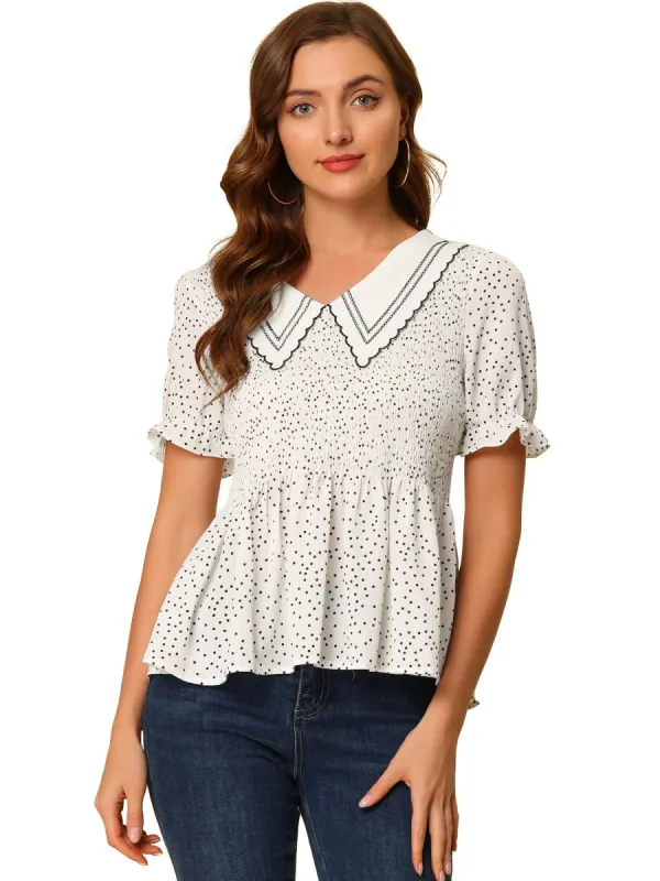 Women's Polka Dots Peter Pan Collar Smocked Peplum Blouse Top sold by Allegra K