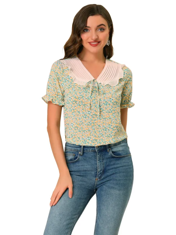 Women's Ditsy Floral Ruffle V Neck Short Sleeve Chiffon Blouse Top sold by Allegra K