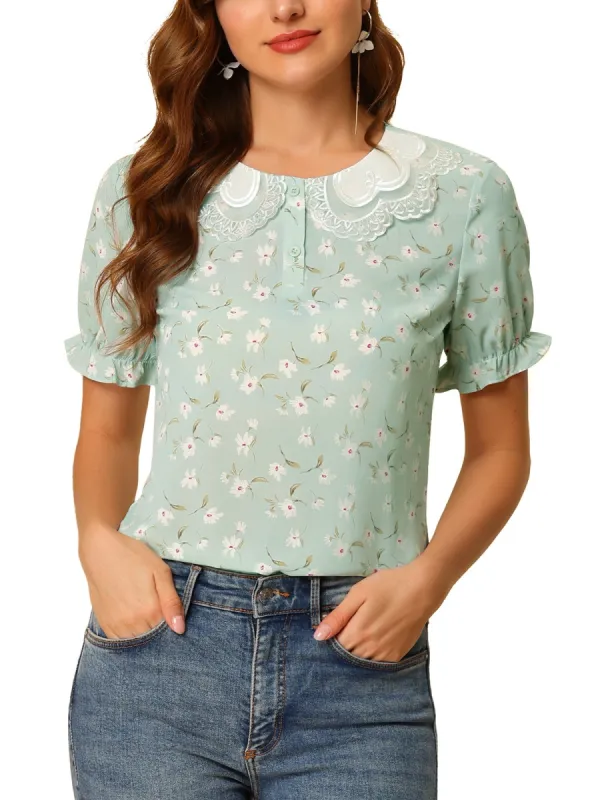 Women's Peter Pan Collar Contrast Bubble Sleeve Floral Blouse sold by Allegra K