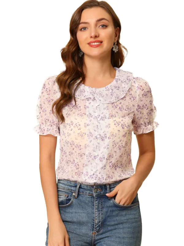 Women's Ruffled Neck Button Up T-Shirt Puff Sleeve Chiffon Floral Blouse Top sold by Allegra K
