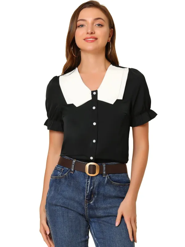Women's Peter Pan Collar Preppy Summer Casual Puff Short Sleeve Blouse Shirt sold by Allegra K