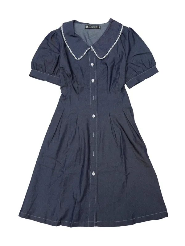 Allegra K Women's Denim Puff Sleeve Button Front Flare A-line Jean Mini Dress made by Allegra K