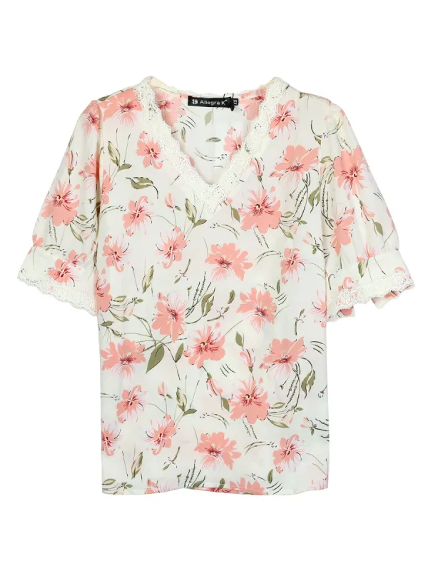 Women's Floral Lace Trim V Neck Summer Blouse Top sold by Allegra K