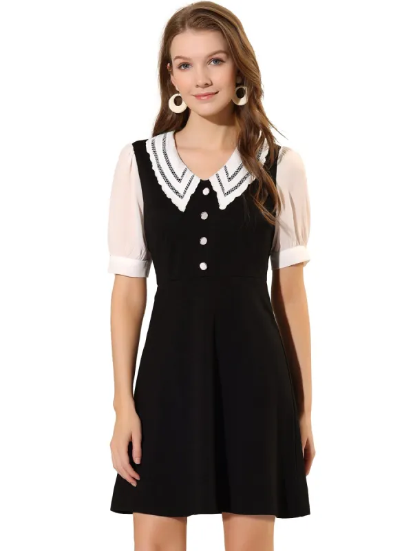 Allegra K Women's Hollow Lace Doll Collar Chiffon Button Cuffs Zip Back a Line Dress sold by Allegra K