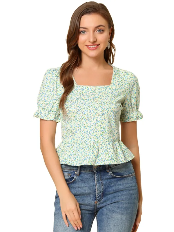 Women's Floral Square Neck Short Sleeve Ruffled Hem Peplum Blouse sold by Allegra K