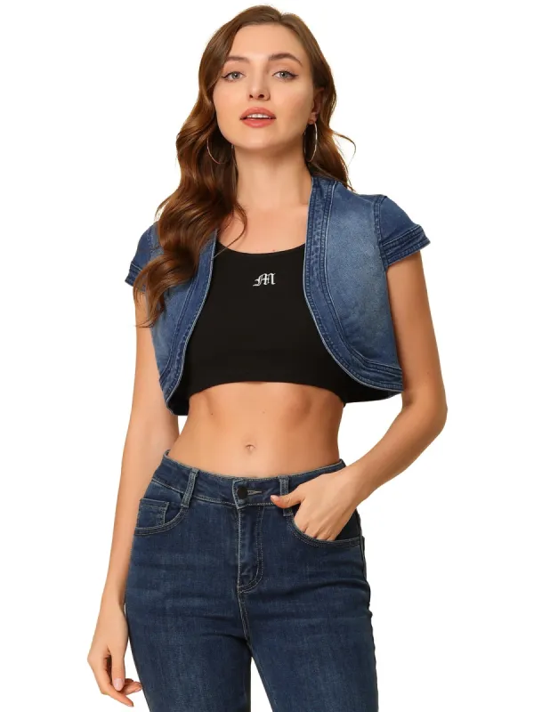 Women's Casual Crop Denim Cardigan Slim Fit Cap Sleeve Jean Jacket sold by Allegra K
