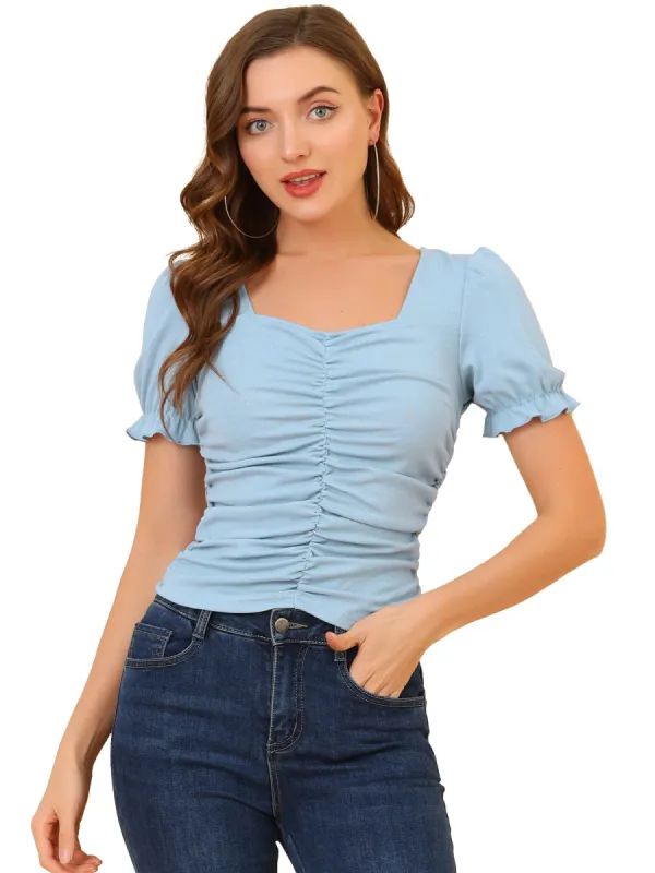 Women's Square Neck Puff Sleeve Elegant Glitter Ruched Top sold by Allegra K