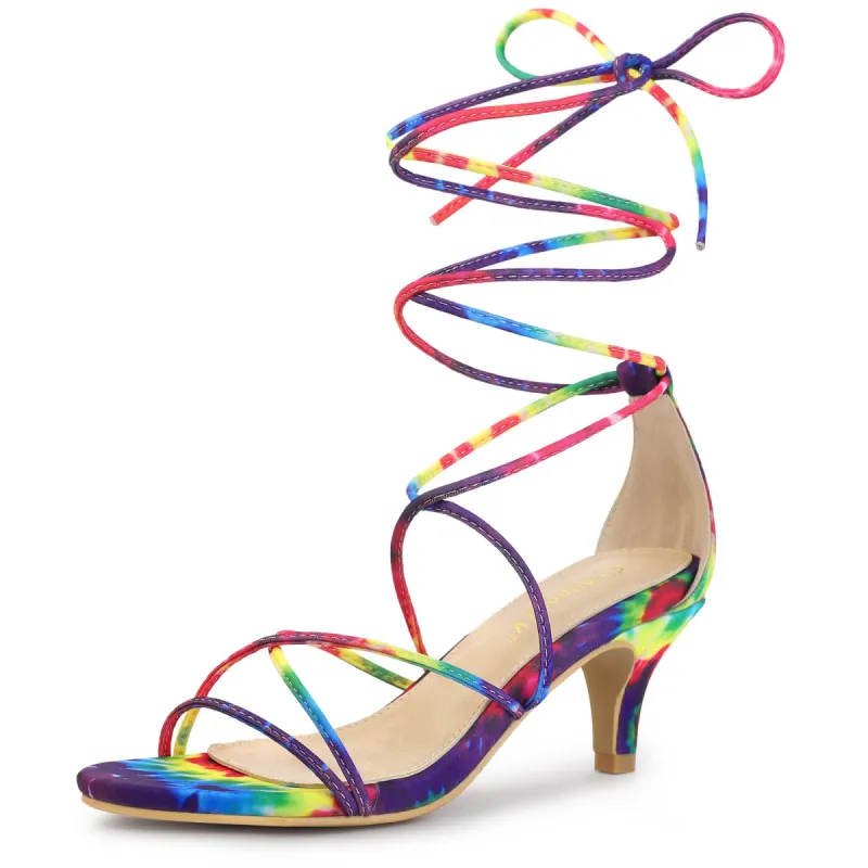 Women's Lace Up Strappy Tie Dye Kitten Heels Sandals sold by Allegra K