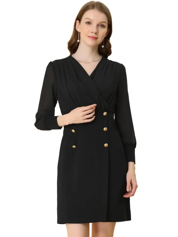Women's Elegant V Neck Contrast Button Decor Sheer Long Sleeve Dress sold by Allegra K